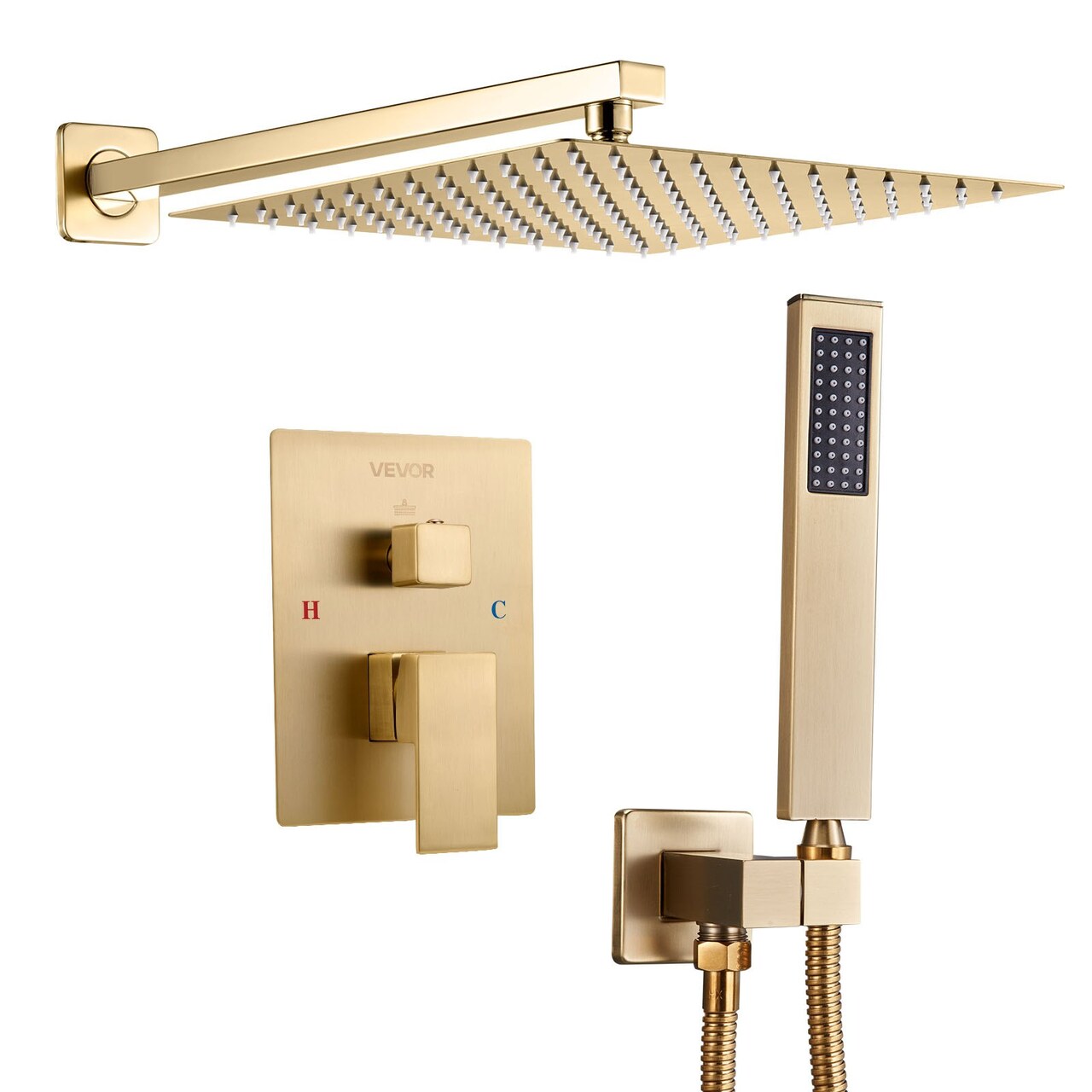 Brushed Gold Rain Shower System 12 in Square Head Handheld Wall Mounted